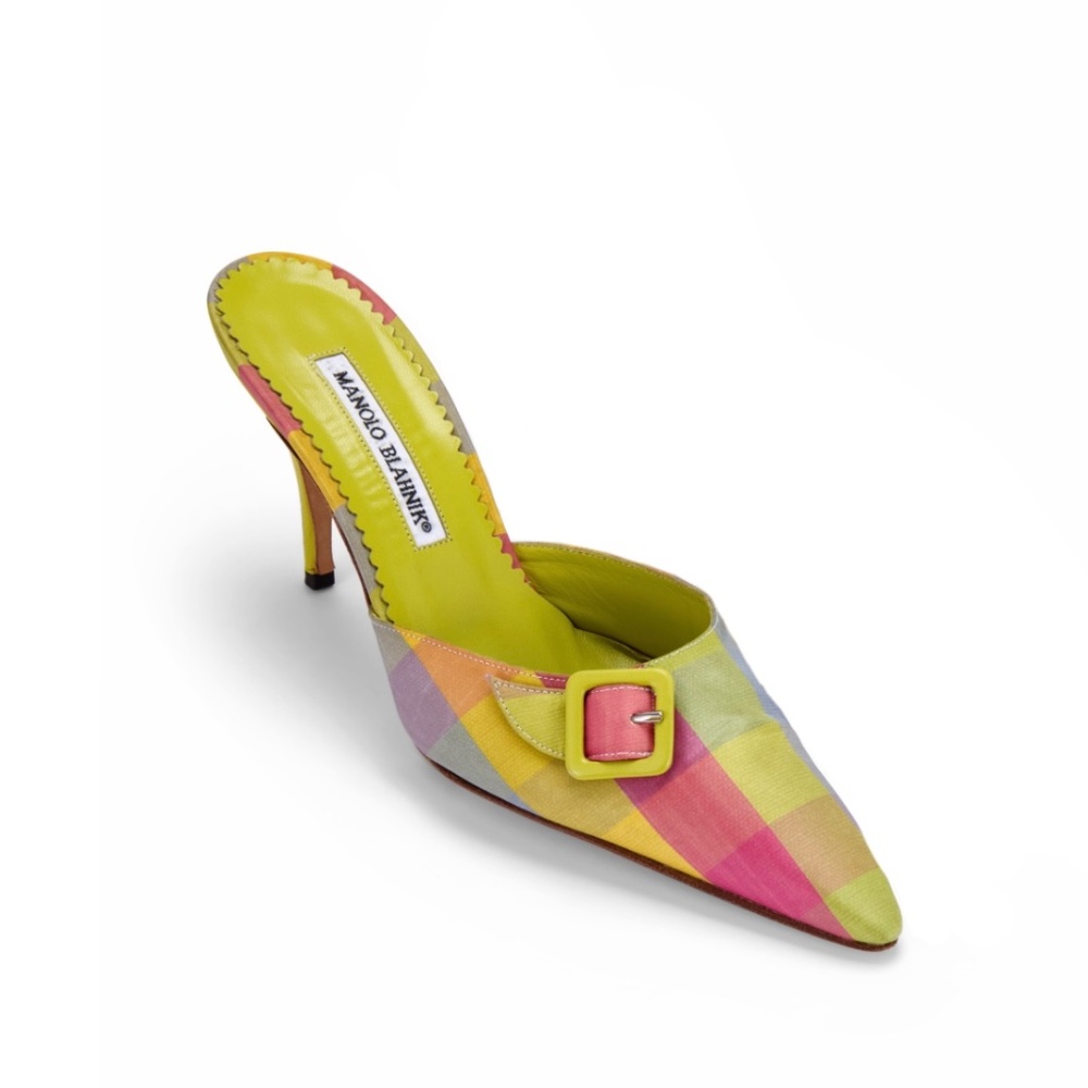 Manolo Blahnik Multicolour Plaid Buckle Mule Heels